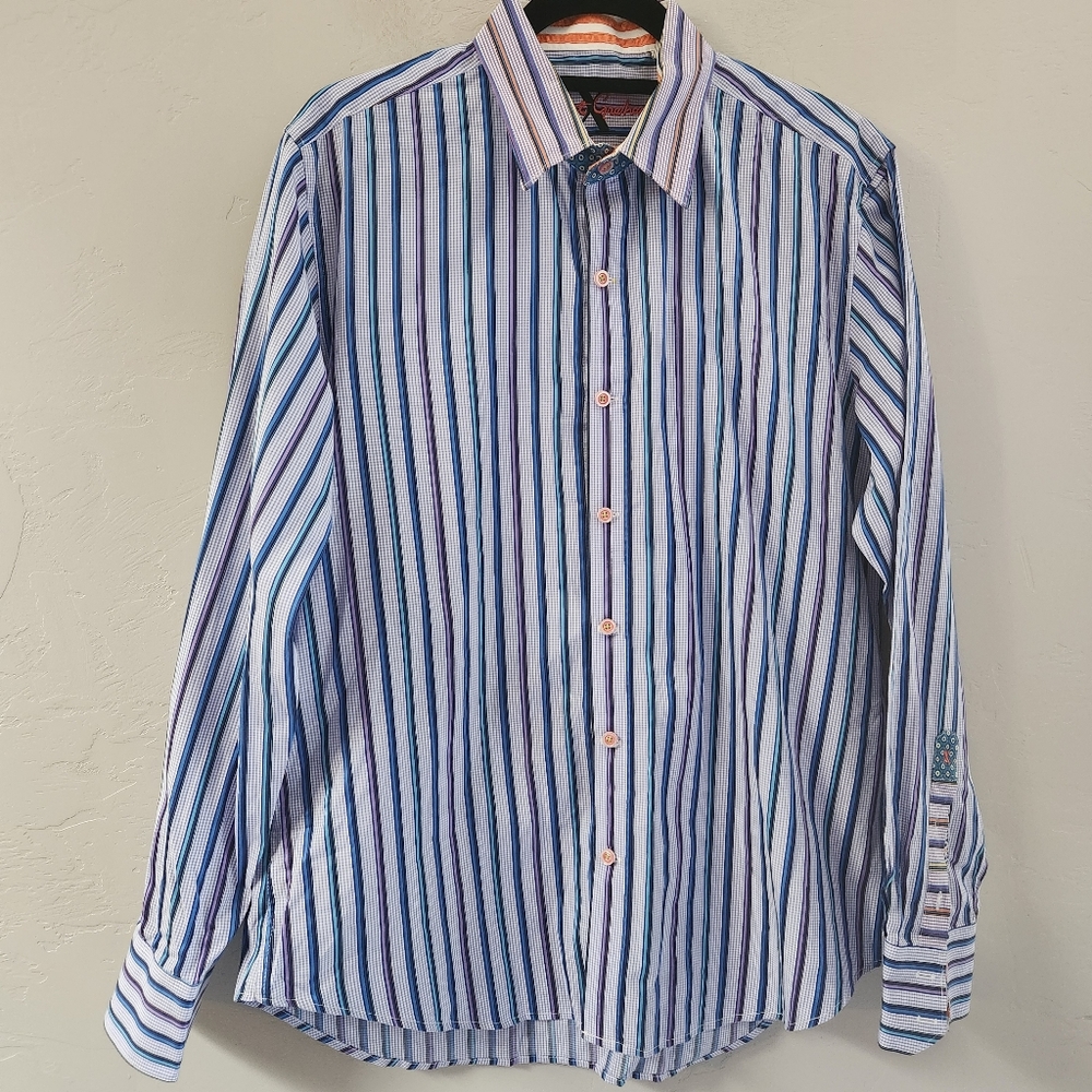 Robert Graham Blue Shirt Size L Button Down Flip Cuff Gingham Stripes Point Neck